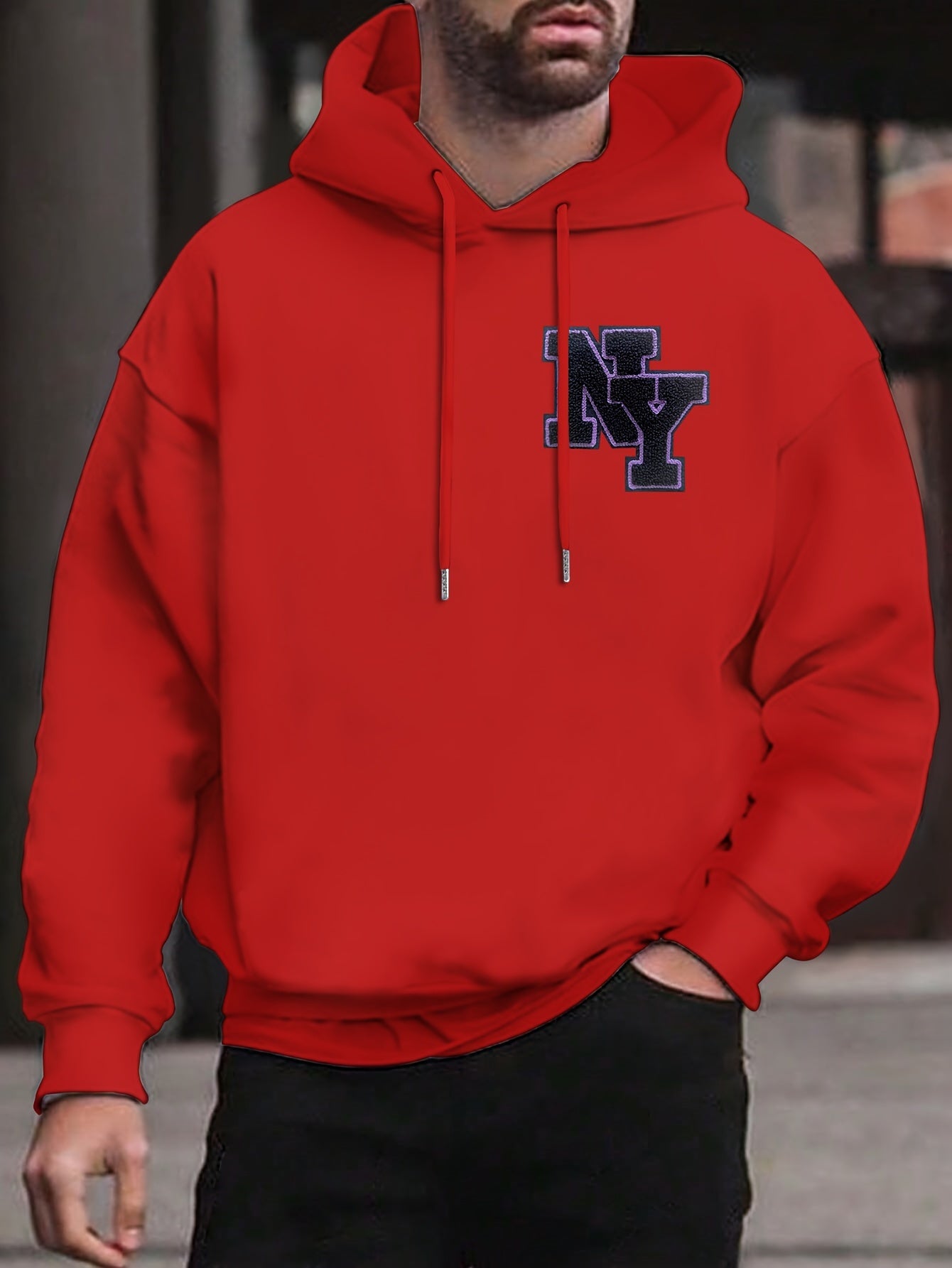 New York Embroidered Men's Hoodie - Casual Pullover with Drawstring, Long Sleeve & Kangaroo Pocket | Cozy Polyester Blend for Fall/Winter New York Embroidered Men's Hoodie - Casual Pullover with Drawstring, Long Sleeve & Kangaroo Pocket | Cozy Polyester Blend for Fall/Winter